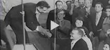 Leonard Bernstein and the New York Philharmonic greet Dmitri Shostakovich in Moscow, 1959.